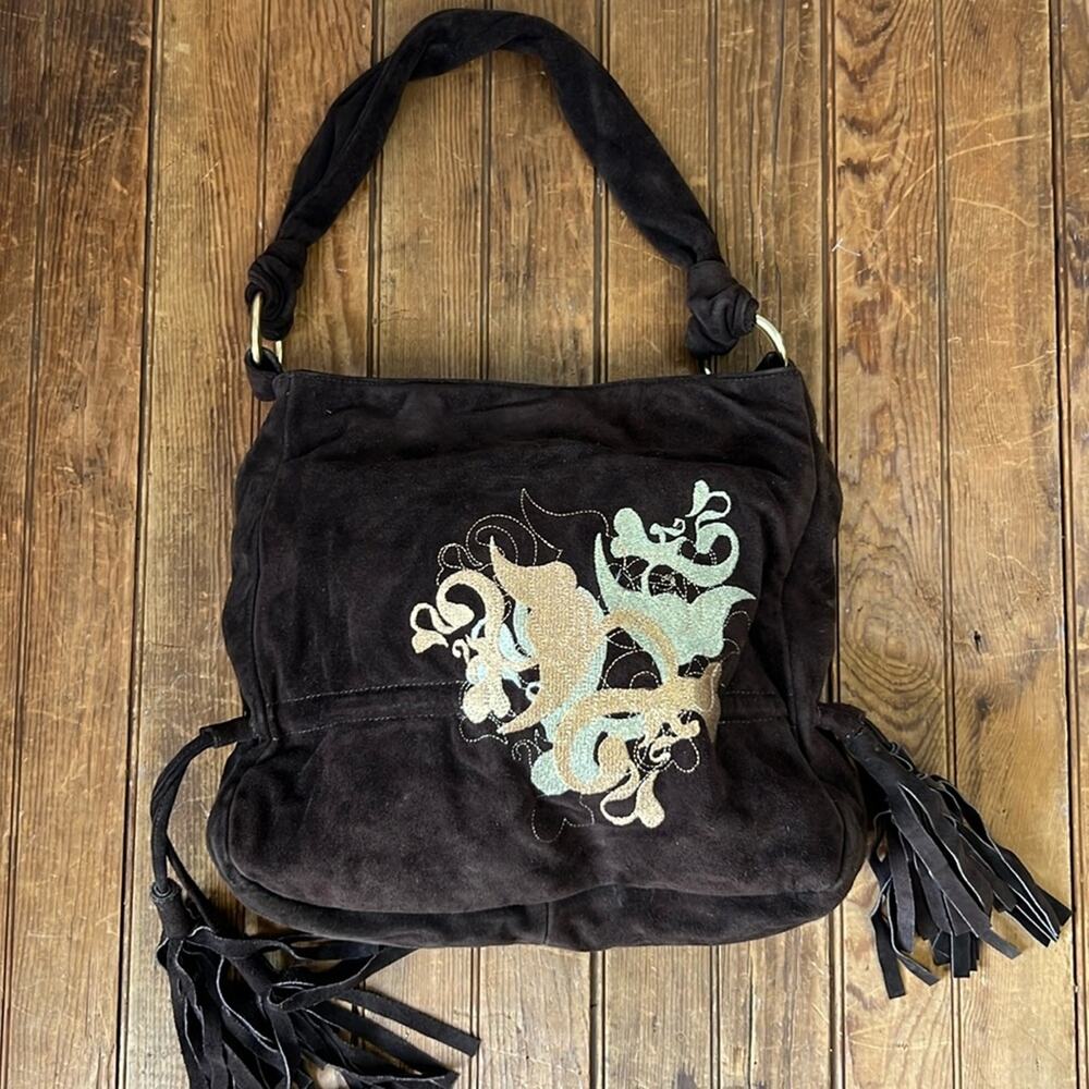 Vintage 90s shoulder bag Goldenbleu brown suede fringe embroidered boho